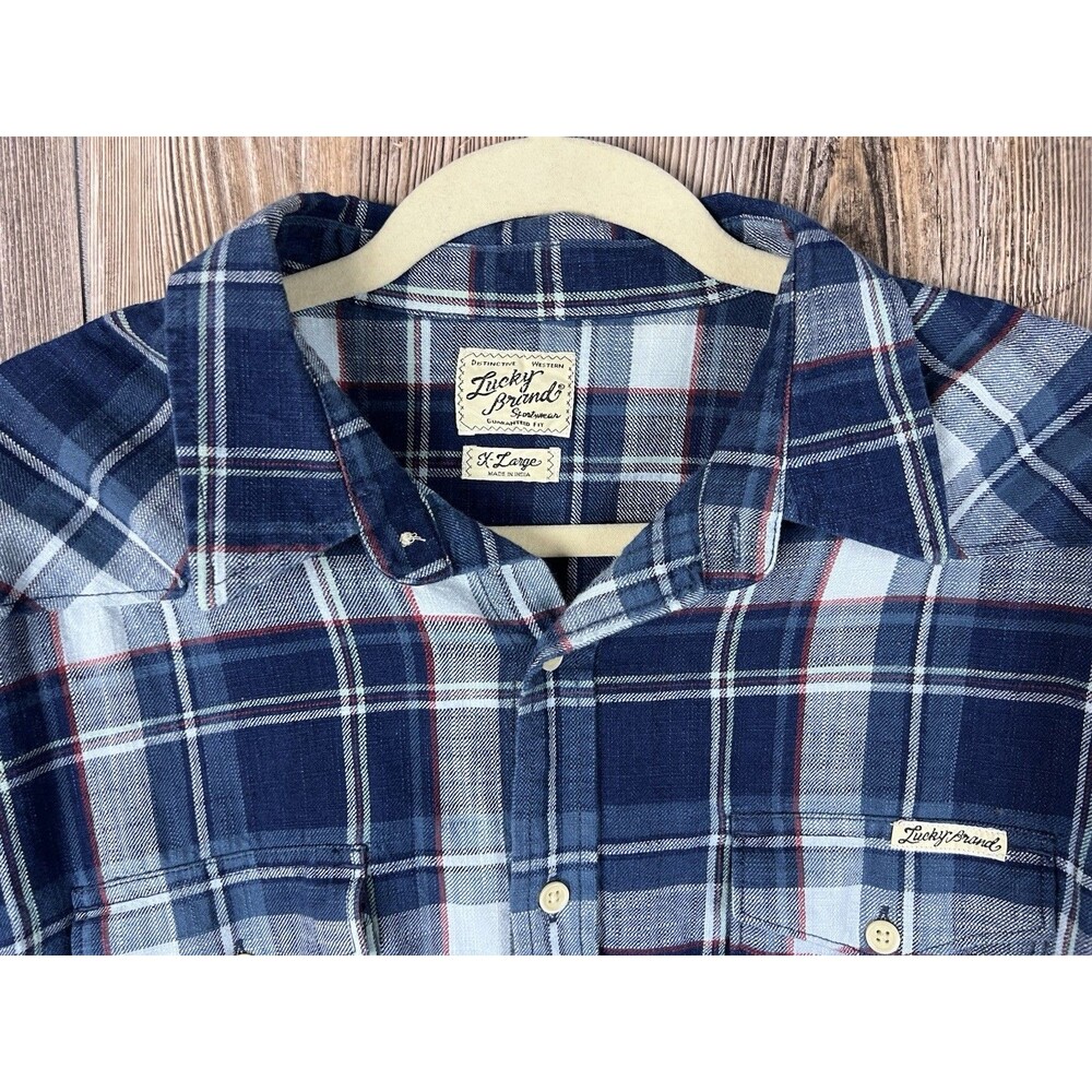 Lucky Brand Mens L Flannel Shirt Blue Plaid Button-Up Western Rustic Cabincore - Picture 3 of 15